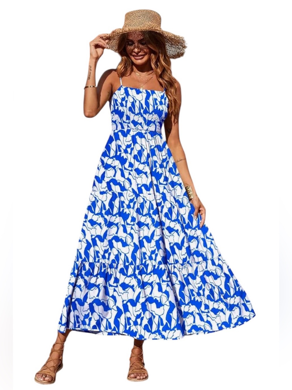Women’s Blue Floral Maxi Sundress Size L Spaghetti Strap Summer Boho Midi Dress